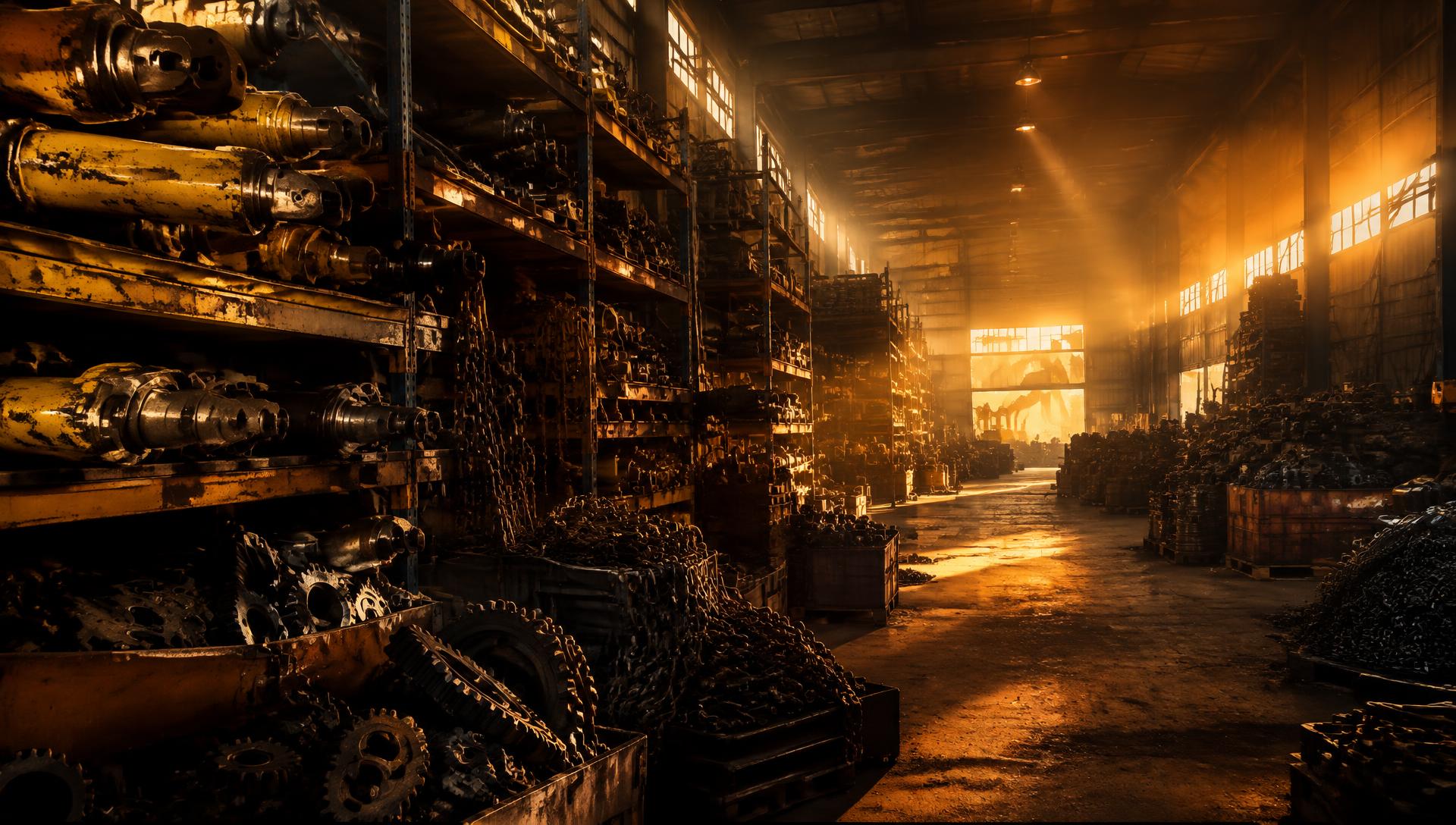Galpão industrial com peças e sucatas organizadas